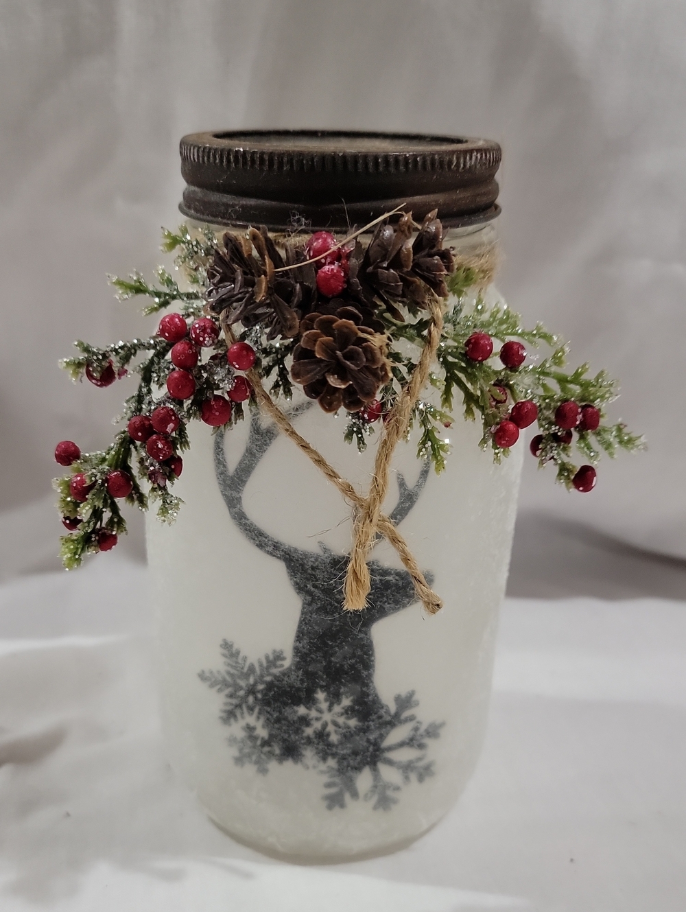 Rustic Holiday Frosted Deer Mason Jar Lantern with Red Berry Accent